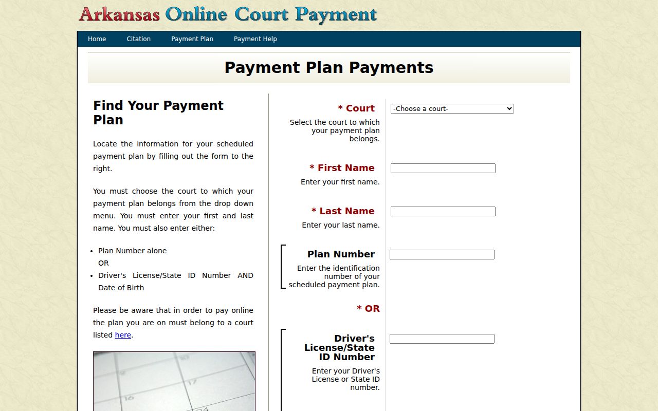 Payment plan fields for Clark County traffic court