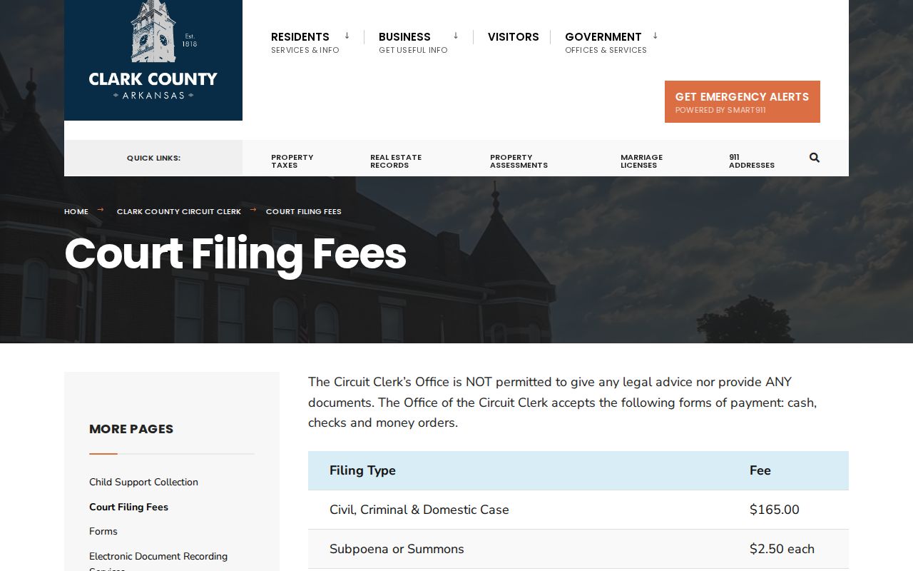 Clark County court docket certified copy and filing fees